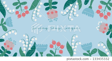 Crayon Spring Floral Poster. Blooming Hand-drawn Flower, White lily of the Valley, Plants and Berry on Blue Background. Primitive Botanical Textured Vector horizontal illustration. Not AI Crayon Spring Floral Poster. Blooming Hand-drawn Flower, White lily of the Valley, Plants and Berry on Blue Background. Primitive Botanical Textured Vector horizontal illustration. Not AI 133435332