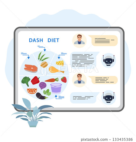 Dash diet infographic with food groups and chatbots on interactive display, concept illustration Dash diet infographic with food groups and chatbots on interactive display, concept illustration 133435386