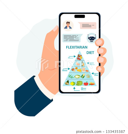 Flexitarian diet concept shown on smartphone screen with food pyramid, held by hand Flexitarian diet concept shown on smartphone screen with food pyramid, held by hand 133435387