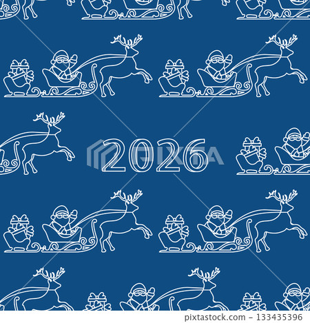 Seamless Christmas pattern with Santa and reindeer sleigh on blue background with year 2026 Seamless Christmas pattern with Santa and reindeer sleigh on blue background with year 2026 133435396