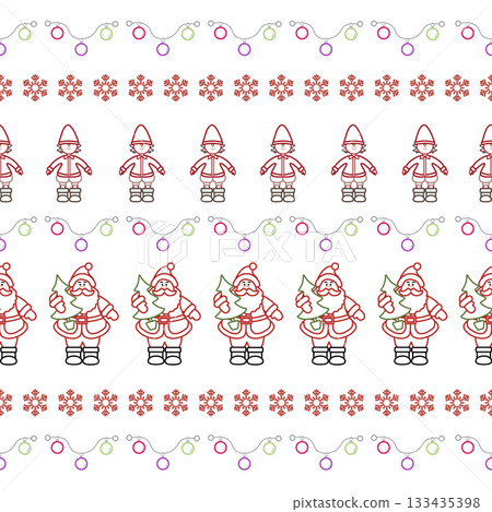 Christmas pattern with Santa, elves, snowflakes, and lights, ideal for holiday backgrounds Christmas pattern with Santa, elves, snowflakes, and lights, ideal for holiday backgrounds 133435398