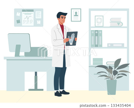 Doctor examining x-ray in modern office setting with computer and plant background Doctor examining x-ray in modern office setting with computer and plant background 133435404