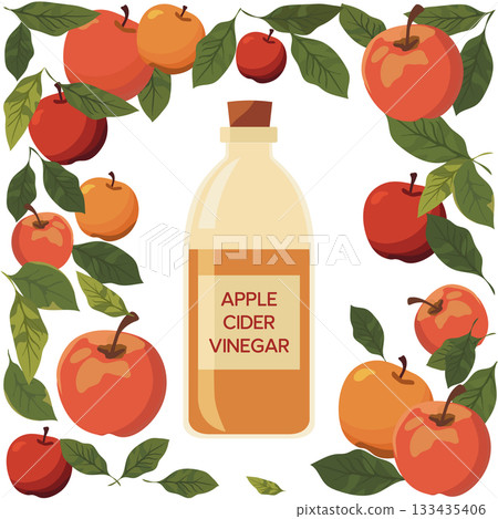 Apple cider vinegar bottle surrounded by apples and leaves with white background Apple cider vinegar bottle surrounded by apples and leaves with white background 133435406