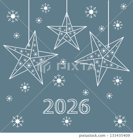 Christmas illustration featuring white stars and snowflakes on a blue background 133435409