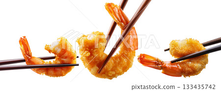 Fried and Breaded Shrimp Held by Wooden Chopsticks Isolated on Transparent - Generative Ai 133435742