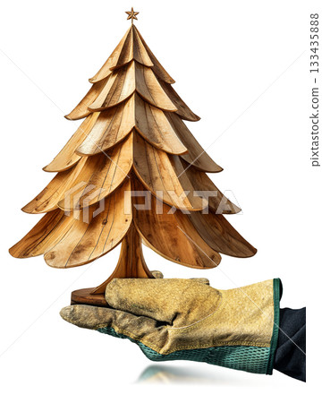 Hand with Work Glove Holding a Small Wooden Christmas Tree - Generative Ai 133435888