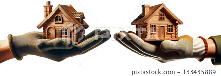 Hand with Work Glove Holding a Small Wooden House Isolated on Transparent - Generative Ai Hand with Work Glove Holding a Small Wooden House Isolated on Transparent - Generative Ai 133435889