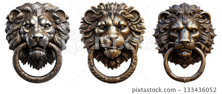 Lion Head Door Metal Knocker Isolated on Transparent Background - Generative Ai 133436052