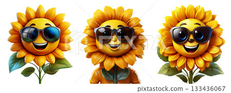 Happy Smiling Sunflower Wearing Sunglasses Isolated on Transparent Background - Generative Ai 133436067
