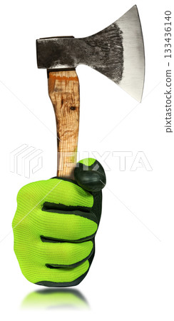 Manual Worker with Protective Work Gloves Holding an Old Axe - Generative Ai 133436140
