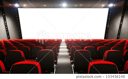 Movie Theater with black and red cinema seats and Empty Screen - Generative Ai 133436148