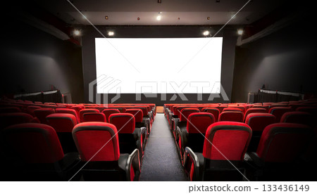 Movie Theater with black and red cinema seats and Empty Screen - Generative Ai 133436149