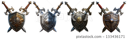 Medieval Coat of Arms with Metal Shield And Swords Isolated on Transparent - Generative Ai 133436171