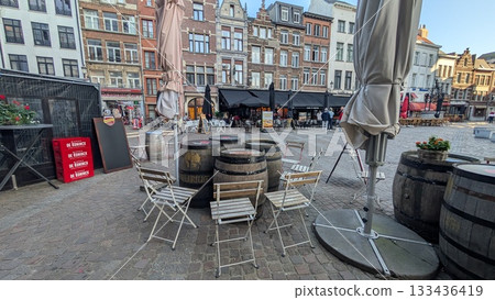 Beer barrel tables and chairs for drinking outside at the touristic area in Antwerp 133436419