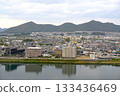 The Kiso River and the city of Kakamigahara, Gifu Prefecture, as seen from the Inuyama Castle tower 133436469