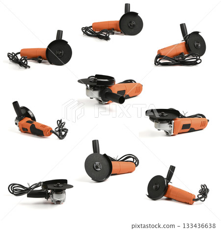 Nine Powerful angle grinder with abrasive disk isolated on a white background. 133436638