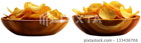 Olive Wooden Bowl Full of Thin Potato Chips Isolated on Transparent Background - Generative Ai 133436708