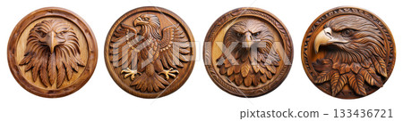 Round Wooden Symbol With an Eagle Isolated on Transparent Background - Generative Ai 133436721