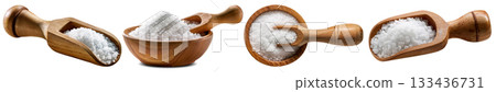 Salt In Wooden Bowl And Spoon Isolated on Transparent Background - Generative Ai 133436731