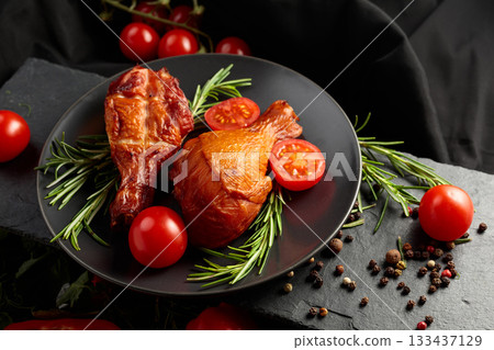 Smoked chicken drumsticks with greens and vegetables. Smoked chicken drumsticks with greens and vegetables. 133437129