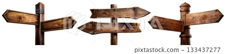 Three Empty Wooden Directional Signs with Pole Isolated on Transparent Background - Generative Ai Three Empty Wooden Directional Signs with Pole Isolated on Transparent Background - Generative Ai 133437277