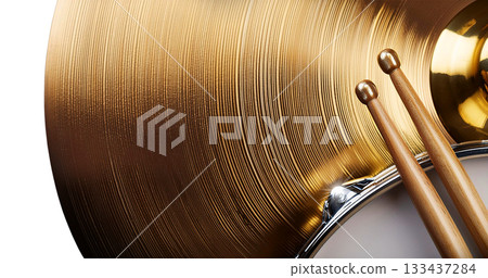 Two Wooden Drumsticks on a Snare Drum and Golden Cymbal - Generative Ai 133437284