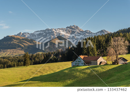 Alpstein mountains with Saentis peak and rural farm, Canton of Appenzell Ausserrhoden, Switzerland 133437462