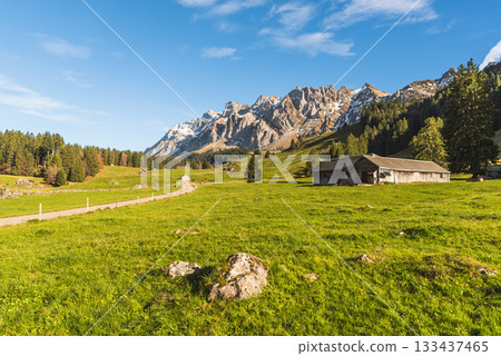Alpstein mountains with Saentis peak and wooden hut, Canton of St. Gallen, Switzerland 133437465