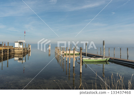 Harbor with boats and wooden jetty, Berlingen, Lake Constance, Canton of Thurgau, Switzerland 133437468