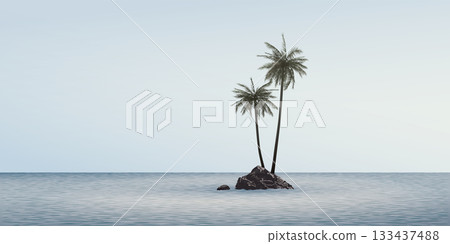 Silhouette of coconut palm trees on the rock in the tropical blue sea graphic illustration. 133437488