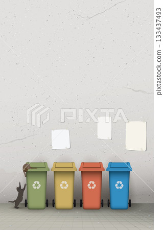 Cats playing on colorful recycle bins on the sidewalk have old concrete wall vertical background with old blank posters stuck on it graphic illustration. Cats playing on colorful recycle bins on the sidewalk have old concrete wall vertical background with old blank posters stuck on it graphic illustration. 133437493