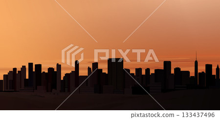 Minimalist cityscape with silhouette skyscrapers front view have sunset sky background graphic illustration have blank space. 133437496