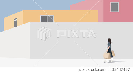 Minimalist modern building with a woman holding a lot of shopping bags walking on the sidewalk  graphic illustration. 133437497
