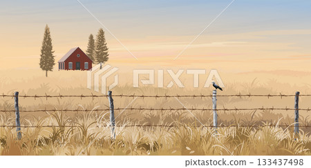 Wooden country house in the middle of wheat field in autumn with barbed wire fence in front and sunset sky background graphic illustrated. Wooden country house in the middle of wheat field in autumn with barbed wire fence in front and sunset sky background graphic illustrated. 133437498