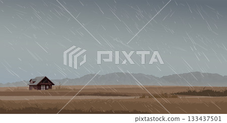 Raining in minimalist wheat field landscape with country house in the middle have mountain ranges far away graphic illustration. 133437501