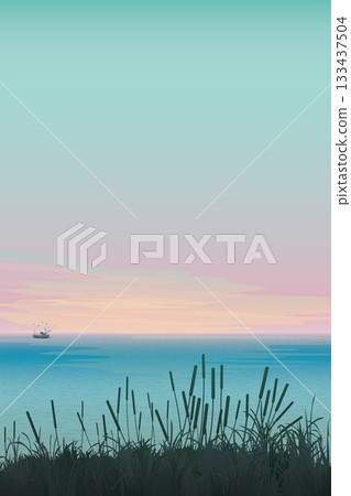 Minimalist seascape with silhouetted grass field at cliff have twilight sky vertical background graphic illustration have blank space. Minimalist seascape with silhouetted grass field at cliff have twilight sky vertical background graphic illustration have blank space. 133437504