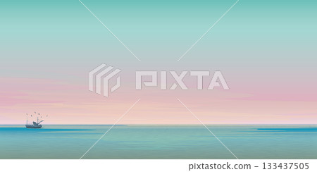 Minimalist seascape with silhouetted fishing boat followed by seagulls have twilight sky background graphic illustration have blank space. 133437505
