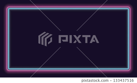 Pink and blue neon lighting rounded rectangle frame on dark purple background graphic illustration. 133437516