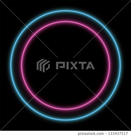 Pink and blue neon lighting circle frame on black square background graphic illustration. 133437517