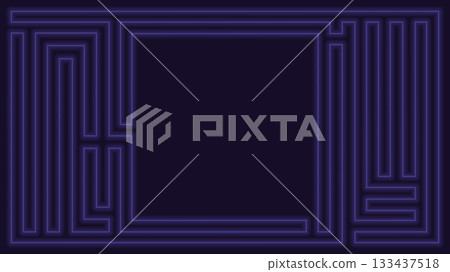 Blank square frame with blue neon lighting maze lines pattern on purple background. 133437518