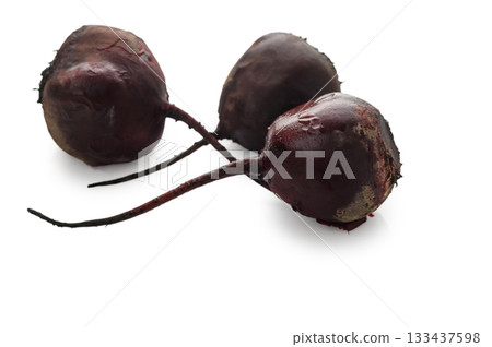 Three boiled beetroots on white background 133437598