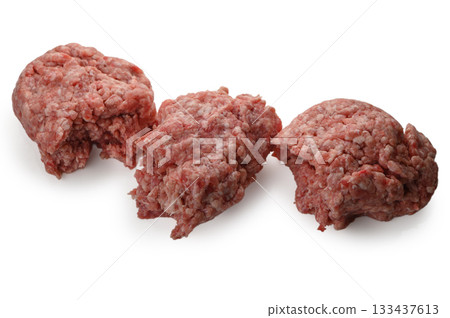 Three portions of meat mince on white background Three portions of meat mince on white background 133437613