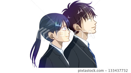 動漫風格的插圖，描繪了一男一女學生或上班族並肩站立的側面像，白色背景。 133437732