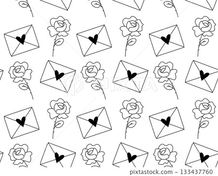 Heart envelope and rose Valentine's Day seamless pattern. Vector graphic line black and white illustration. design for fashion graphics, textile prints, fabrics, wallpapers. 133437760