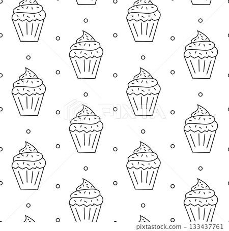 Seamless doodle pattern with different cupcakes and dots. Vector graphic line black and white illustration. background for banners, print for fabric, labels, t-shirt printing. Seamless doodle pattern with different cupcakes and dots. Vector graphic line black and white illustration. background for banners, print for fabric, labels, t-shirt printing. 133437761