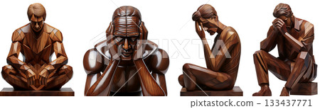 Wooden Sculpture of a Man with a Sad Face Isolated on Transparent Background - Generative Ai 133437771