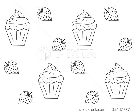 Delicious cupcake with whipped cream strawberry Valentine's Day seamless pattern. Vector graphic line black and white illustration. Coloring Sheet for Stress Relief and Relaxation 133437777
