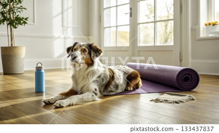 Dog rests on yoga mat in a bright room with sunlight streaming through windows 133437837