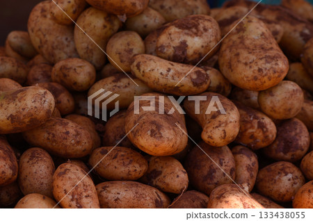 Freshly harvested potatoes piled up at the local market under bright daylight Freshly harvested potatoes piled up at the local market under bright daylight 133438055