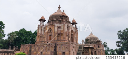 Multiple Mughal-era tombs inside Khusro Bagh in Prayagraj showcasing royal mausoleums of Prince Khusrau, Shah Begum, and Nithar Begum with historic architecture. 133438216